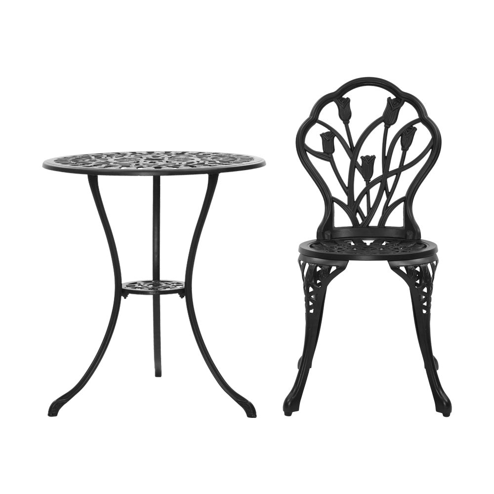 Gardeon 3PC Outdoor Setting Cast Aluminium Bistro Table Chair Patio Black-2