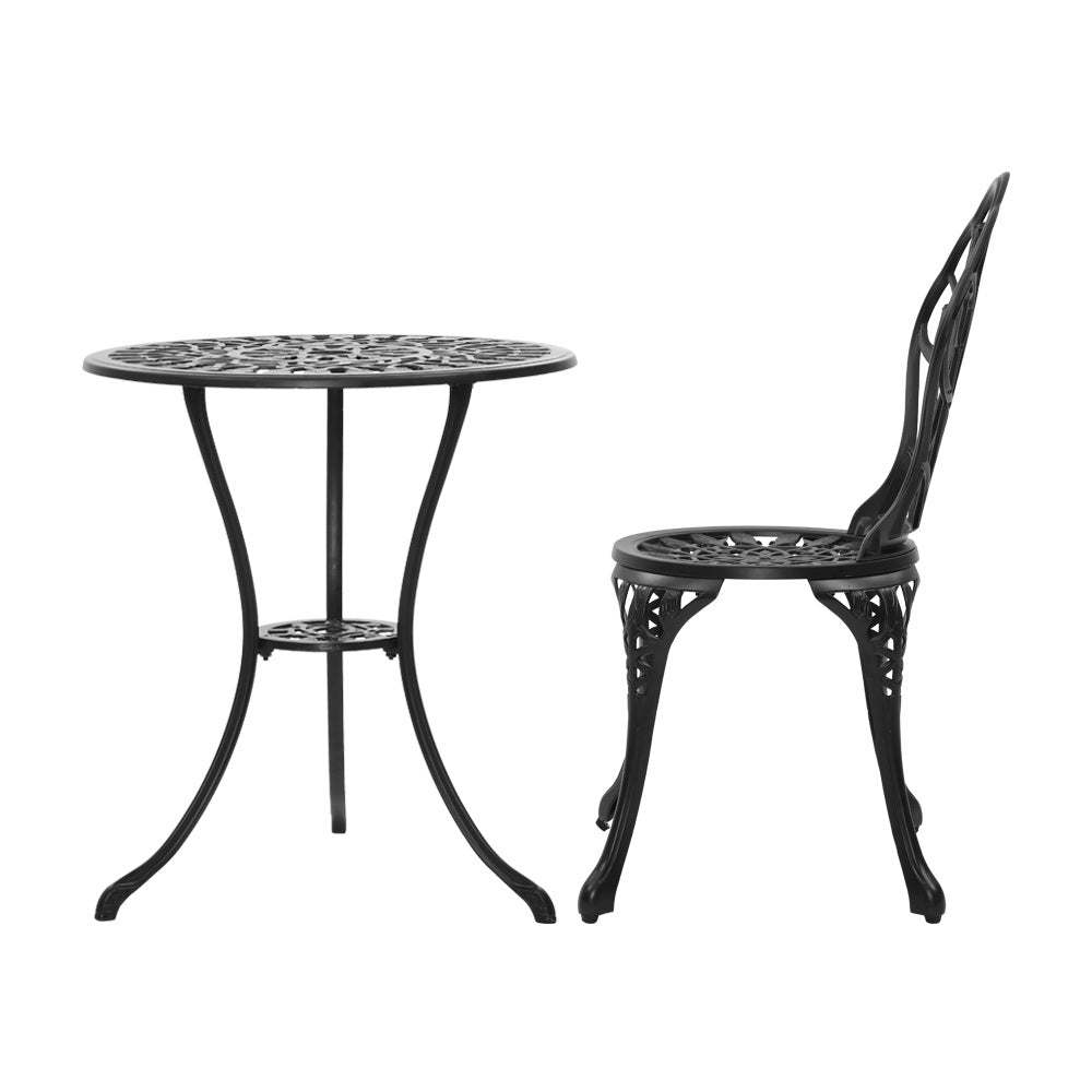 Gardeon 3PC Outdoor Setting Cast Aluminium Bistro Table Chair Patio Black-3