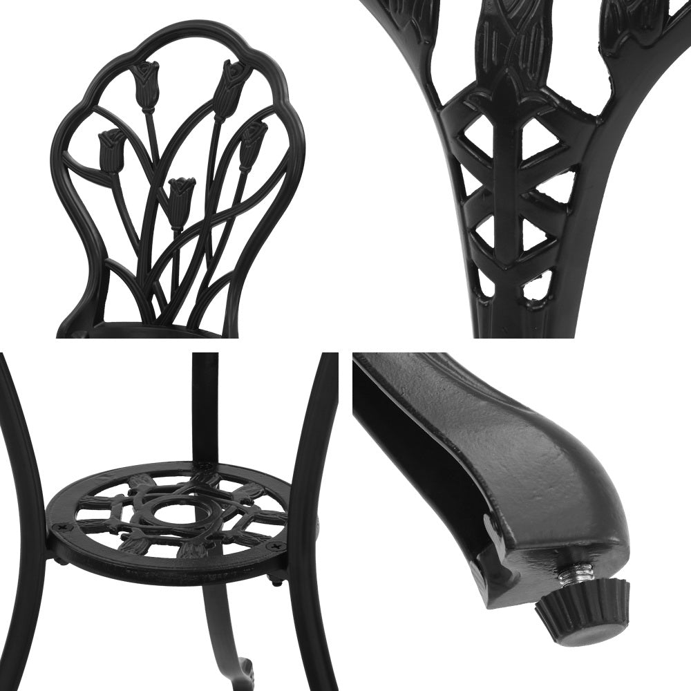 Gardeon 3PC Outdoor Setting Cast Aluminium Bistro Table Chair Patio Black-6