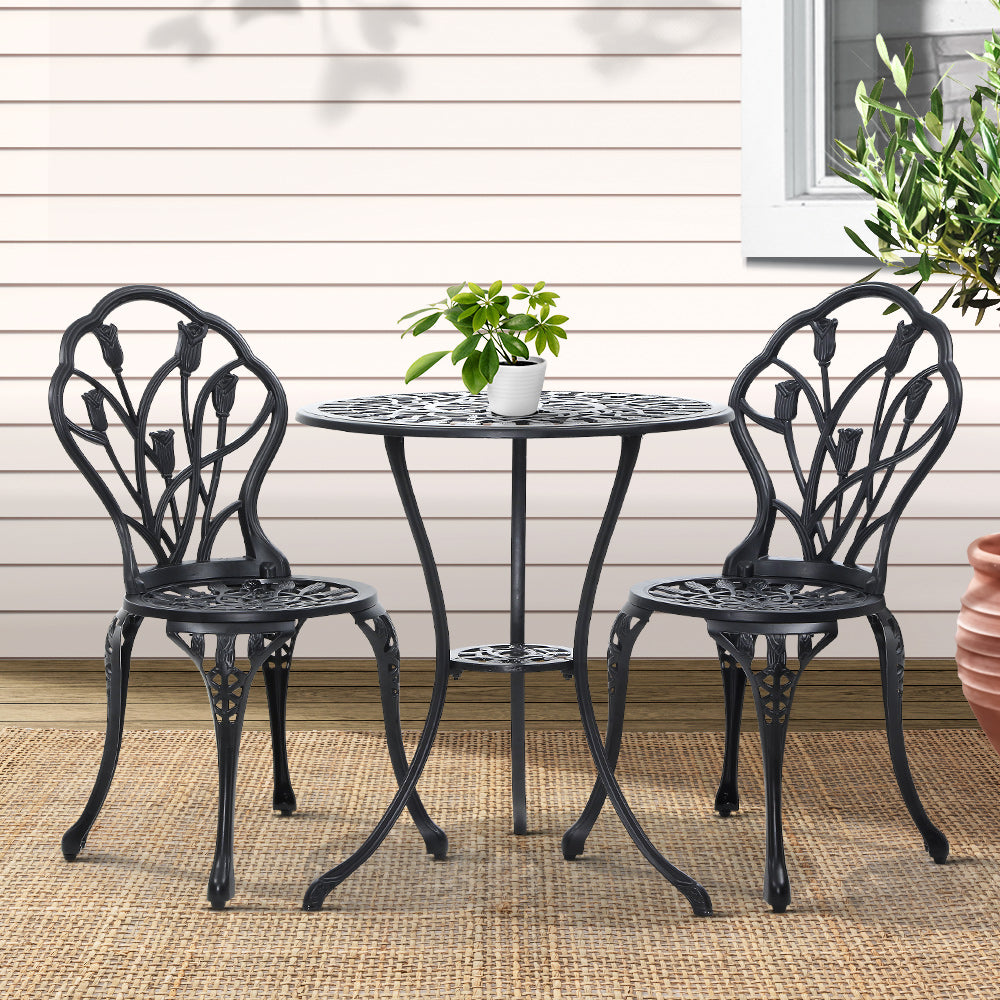 Gardeon 3PC Outdoor Setting Cast Aluminium Bistro Table Chair Patio Black-7