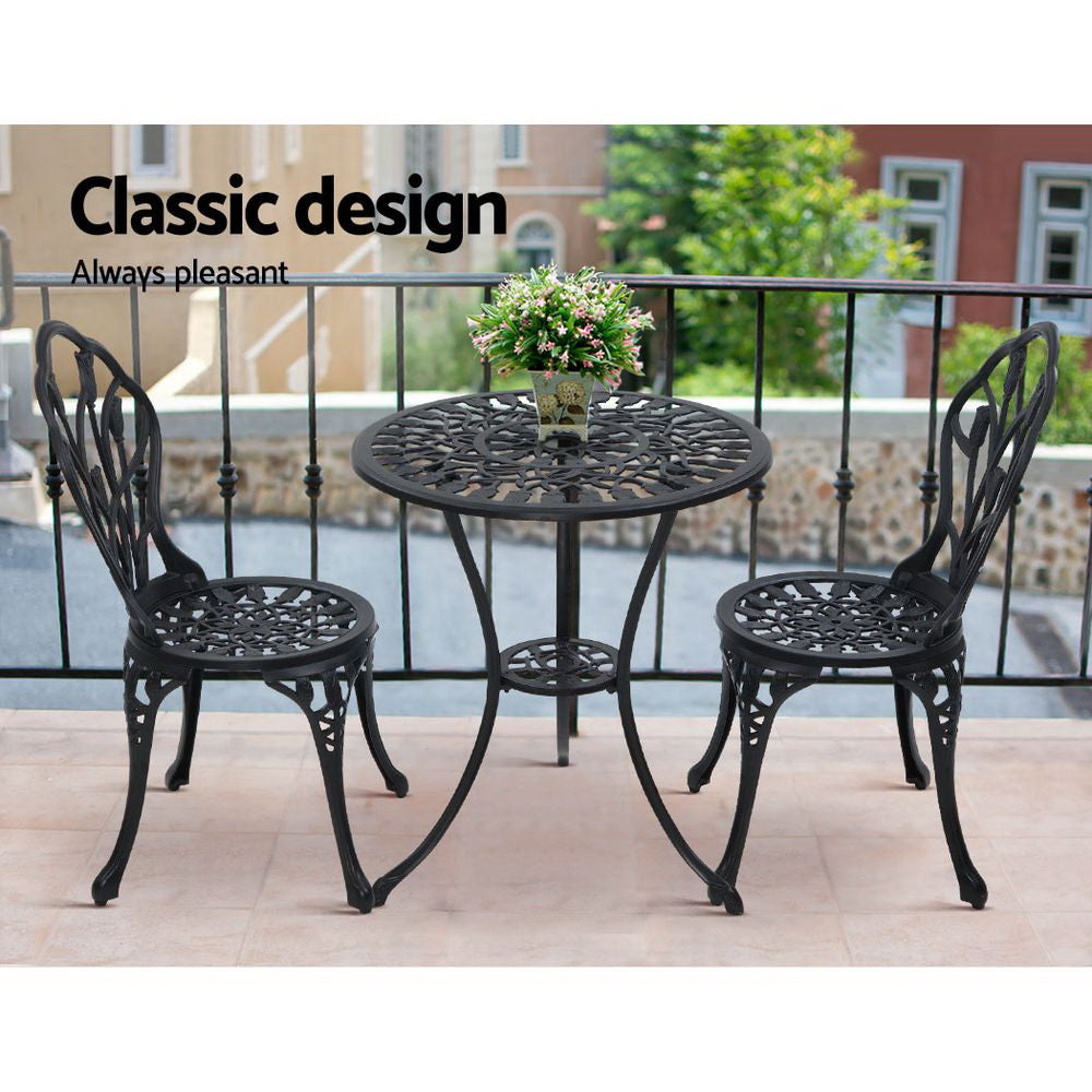 Gardeon 3PC Outdoor Setting Cast Aluminium Bistro Table Chair Patio Black-8