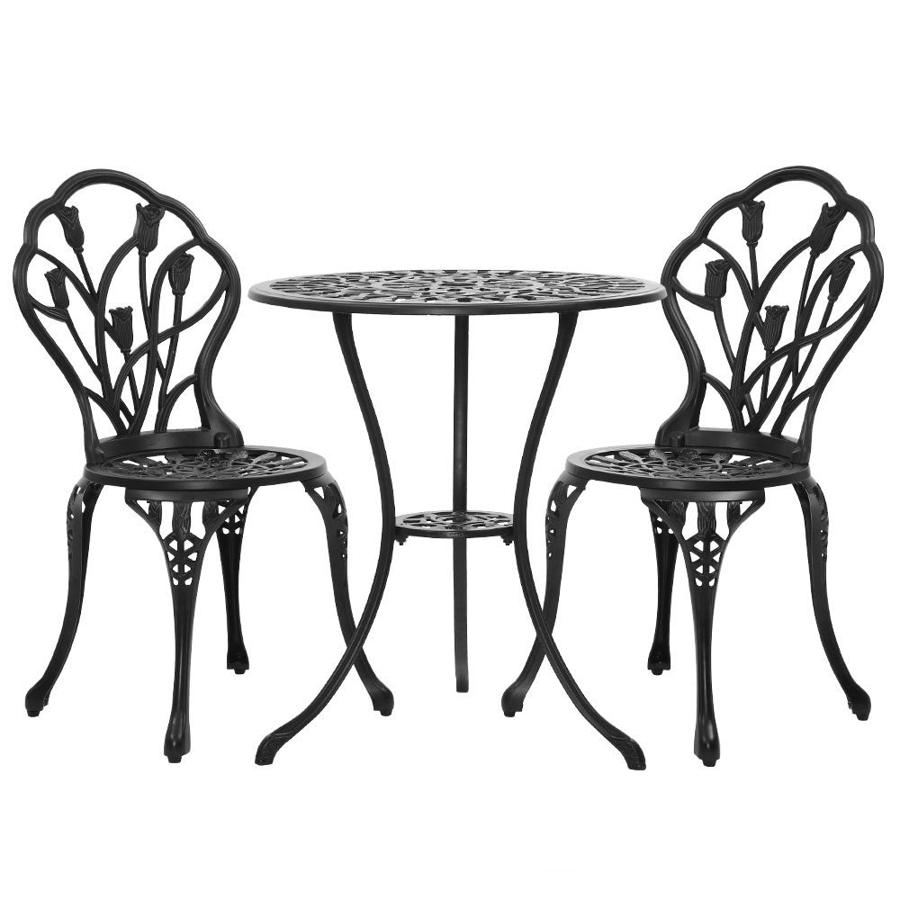 Gardeon 3PC Outdoor Setting Cast Aluminium Bistro Table Chair Patio Black-0