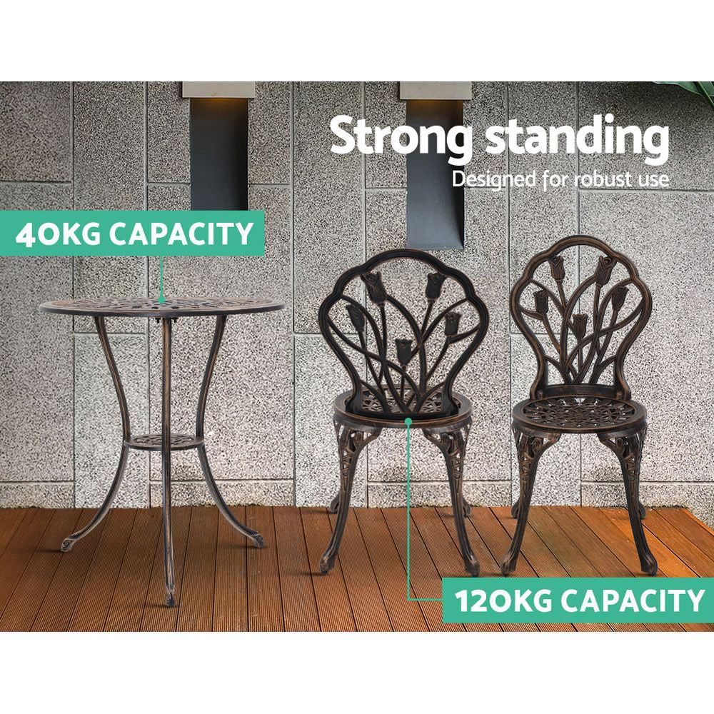 Gardeon 3PC Outdoor Setting Cast Aluminium Bistro Table Chair Patio Bronze-9