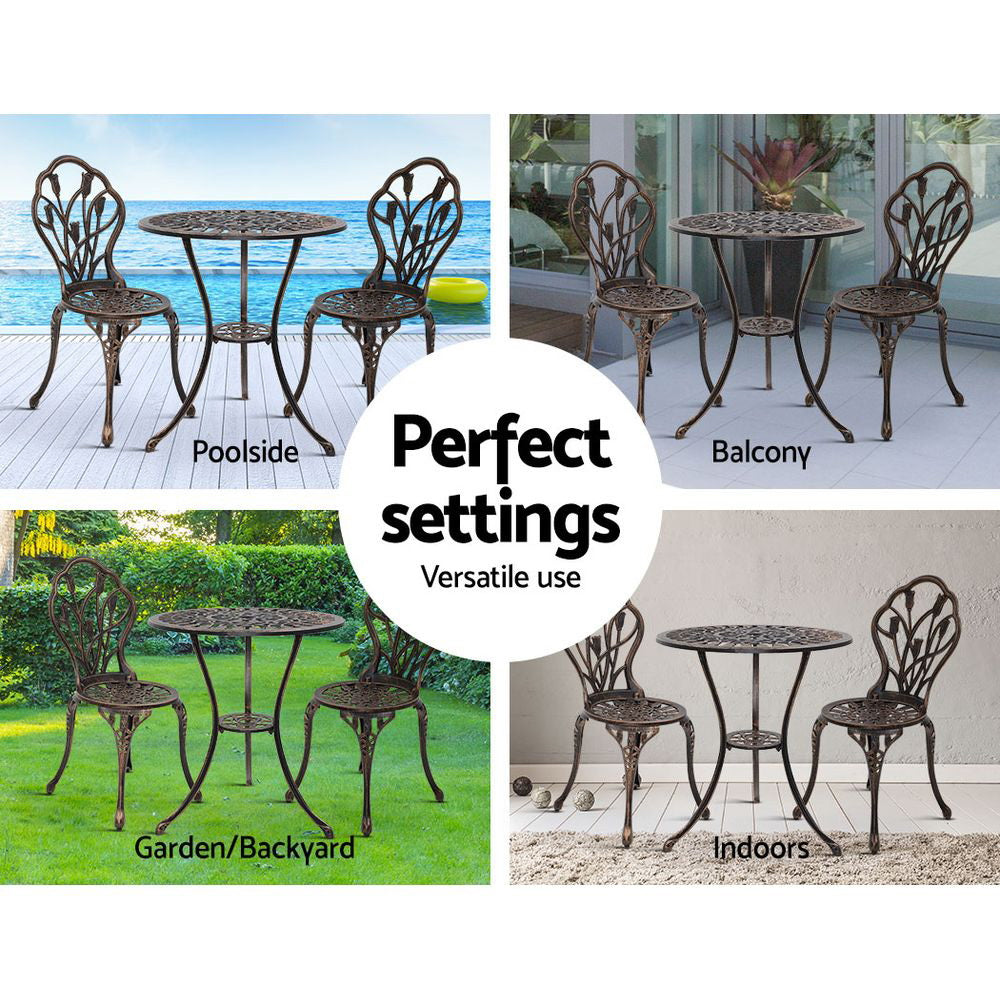 Gardeon 3PC Outdoor Setting Cast Aluminium Bistro Table Chair Patio Bronze-11