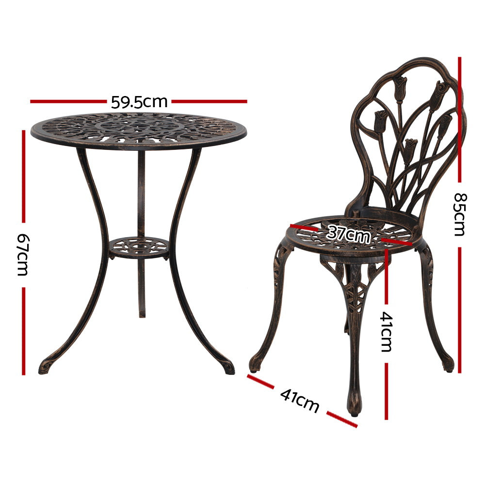 Gardeon 3PC Outdoor Setting Cast Aluminium Bistro Table Chair Patio Bronze-1