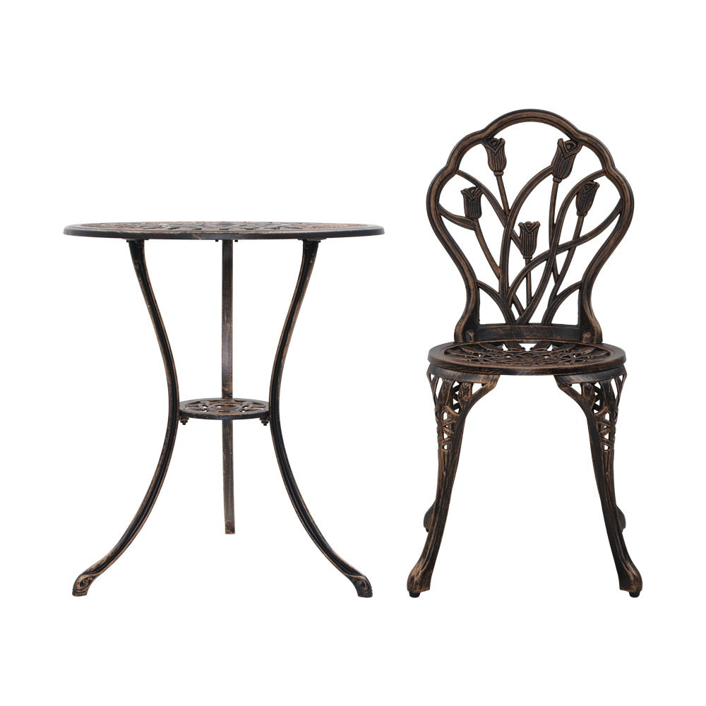 Gardeon 3PC Outdoor Setting Cast Aluminium Bistro Table Chair Patio Bronze-2