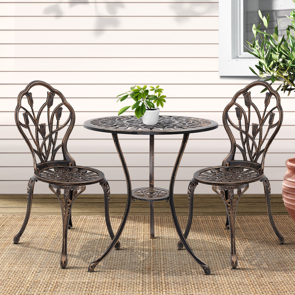 Gardeon 3PC Outdoor Setting Cast Aluminium Bistro Table Chair Patio Bronze-7