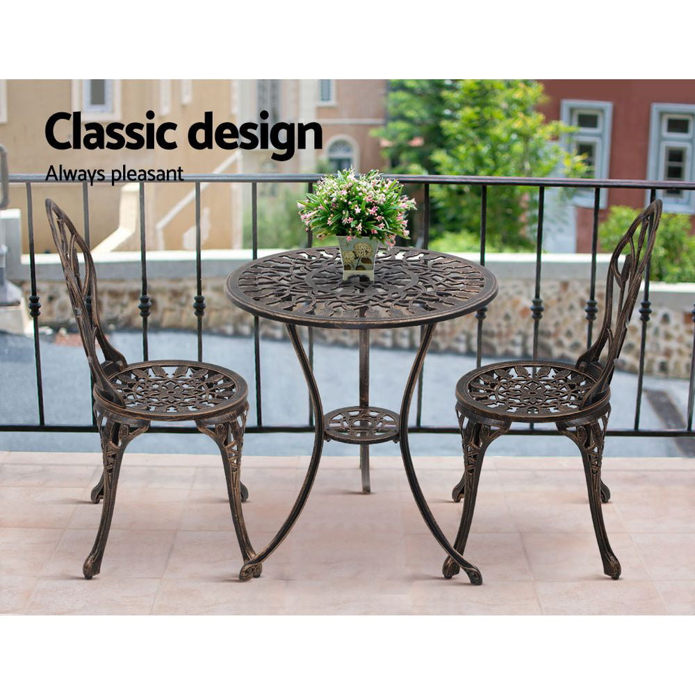 Gardeon 3PC Outdoor Setting Cast Aluminium Bistro Table Chair Patio Bronze-8