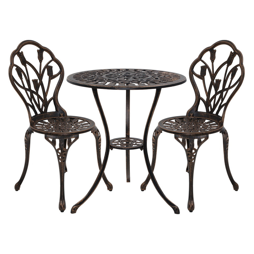 Gardeon 3PC Outdoor Setting Cast Aluminium Bistro Table Chair Patio Bronze-0