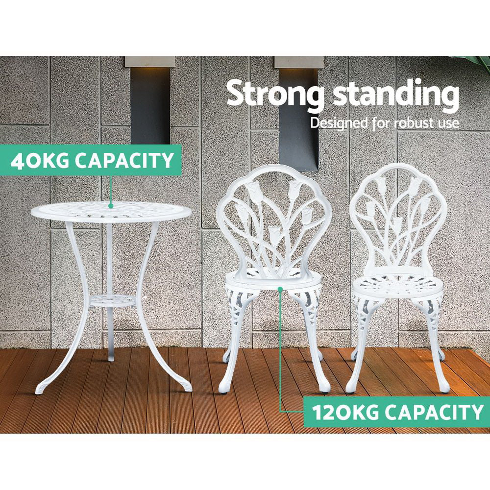 Gardeon 3PC Outdoor Setting Cast Aluminium Bistro Table Chair Patio White-9