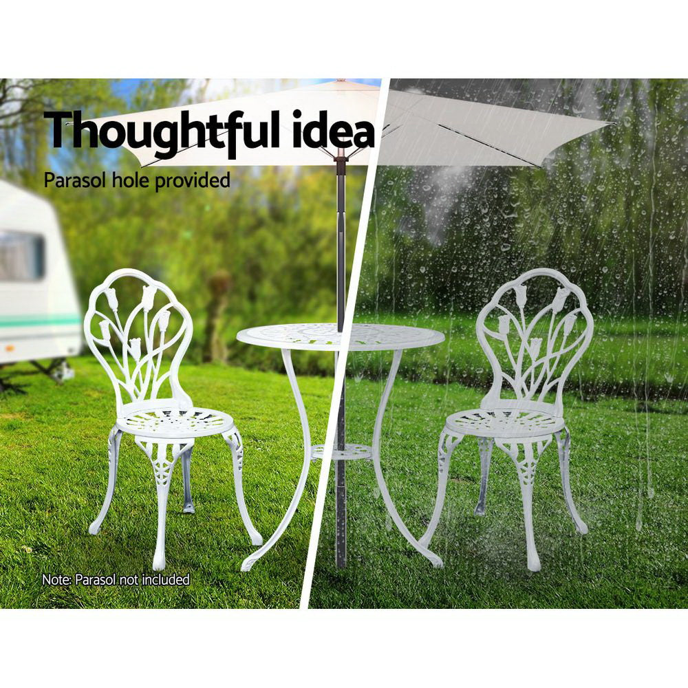 Gardeon 3PC Outdoor Setting Cast Aluminium Bistro Table Chair Patio White-10