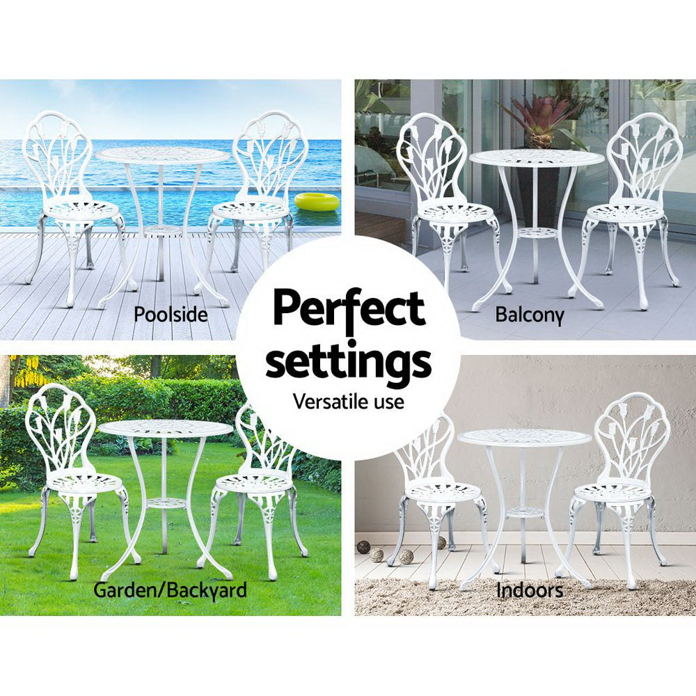 Gardeon 3PC Outdoor Setting Cast Aluminium Bistro Table Chair Patio White-11