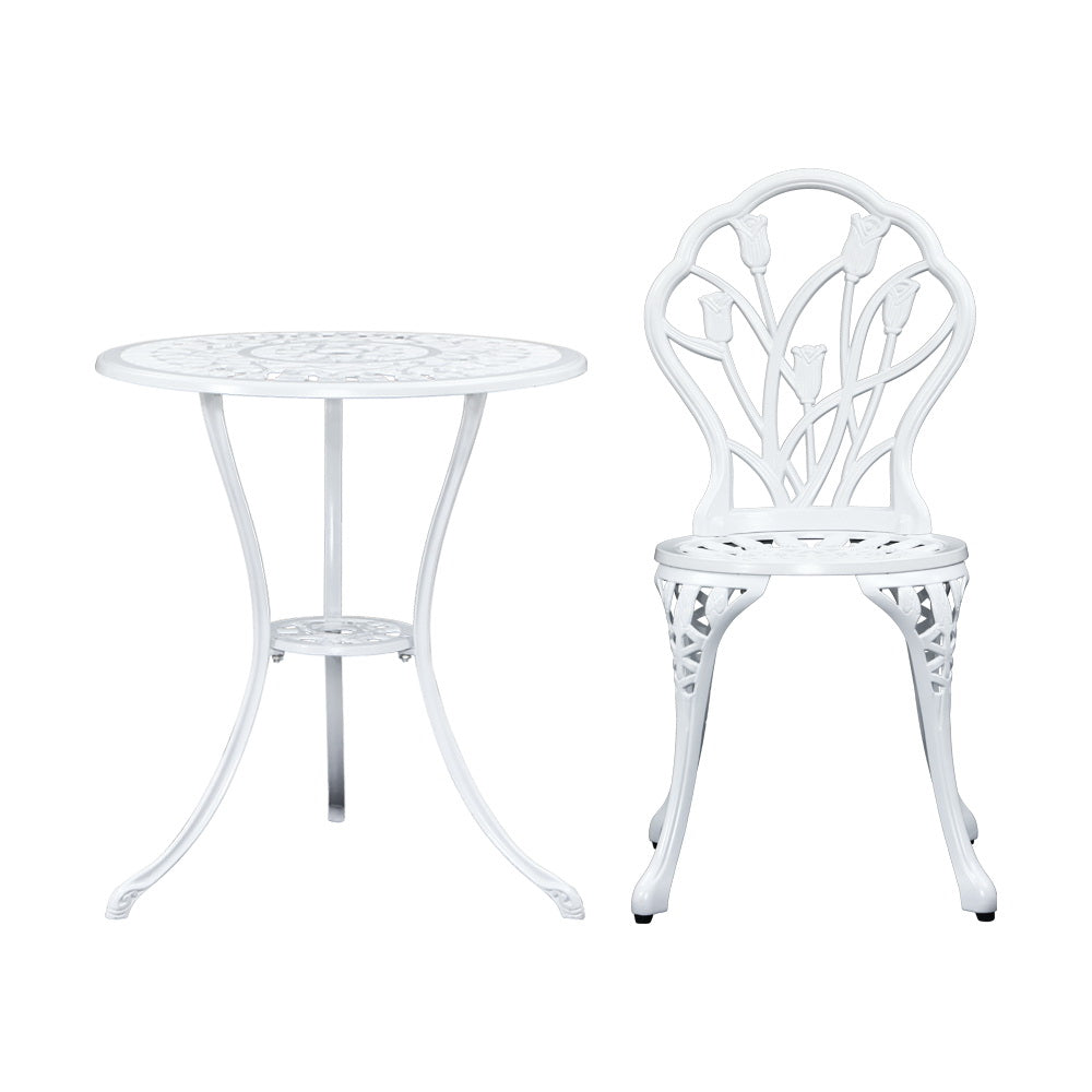 Gardeon 3PC Outdoor Setting Cast Aluminium Bistro Table Chair Patio White-2