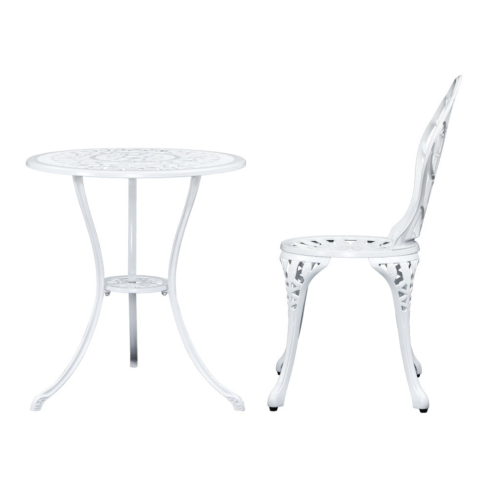 Gardeon 3PC Outdoor Setting Cast Aluminium Bistro Table Chair Patio White-3