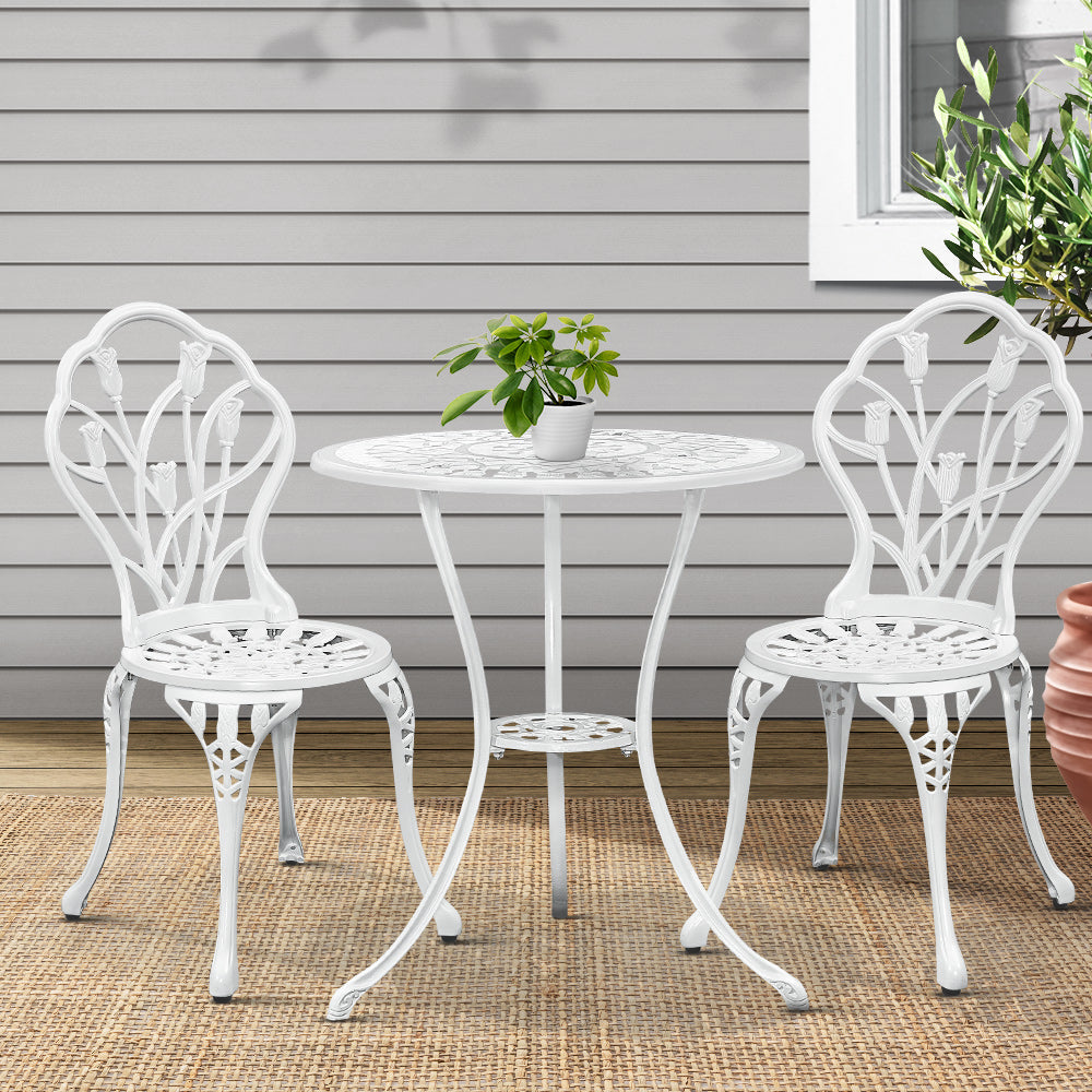 Gardeon 3PC Outdoor Setting Cast Aluminium Bistro Table Chair Patio White-7