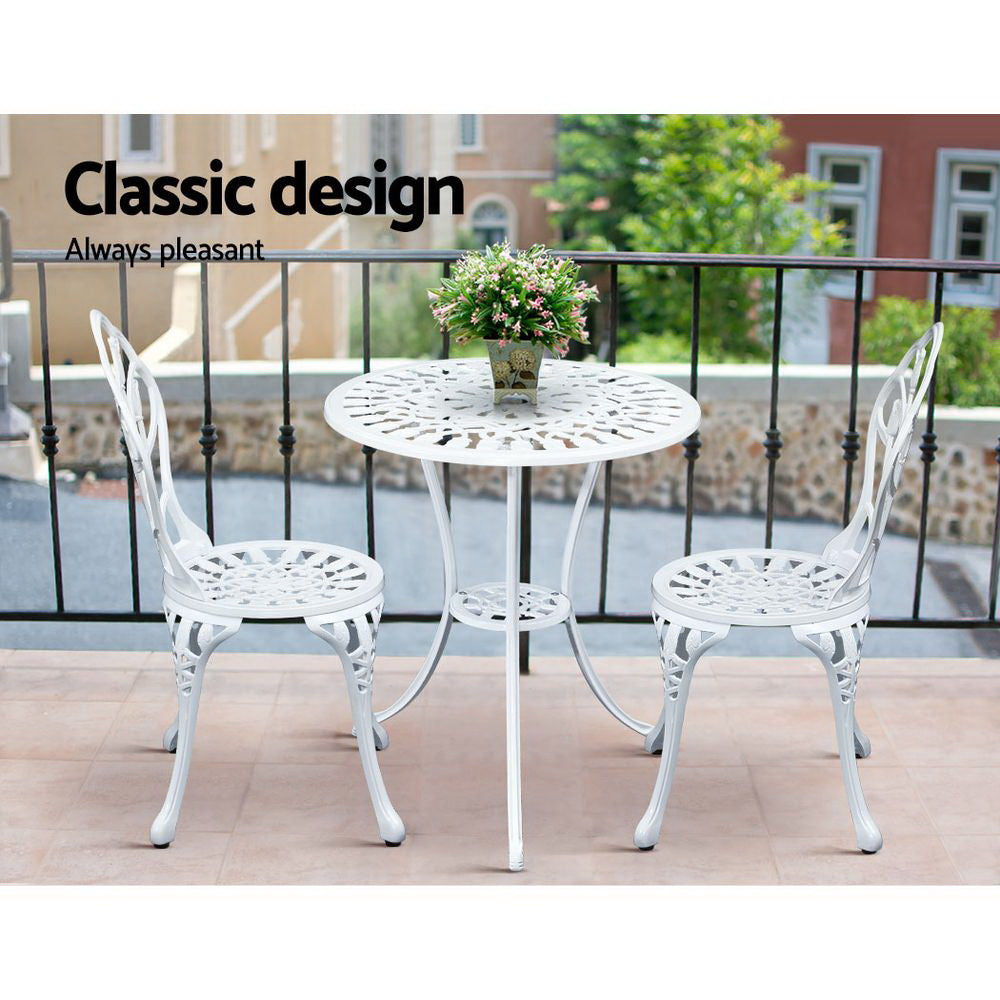 Gardeon 3PC Outdoor Setting Cast Aluminium Bistro Table Chair Patio White-8