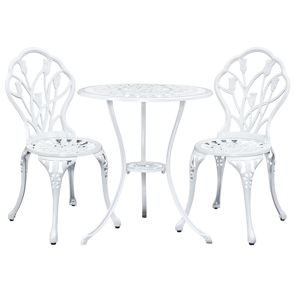 Gardeon 3PC Outdoor Setting Cast Aluminium Bistro Table Chair Patio White-0