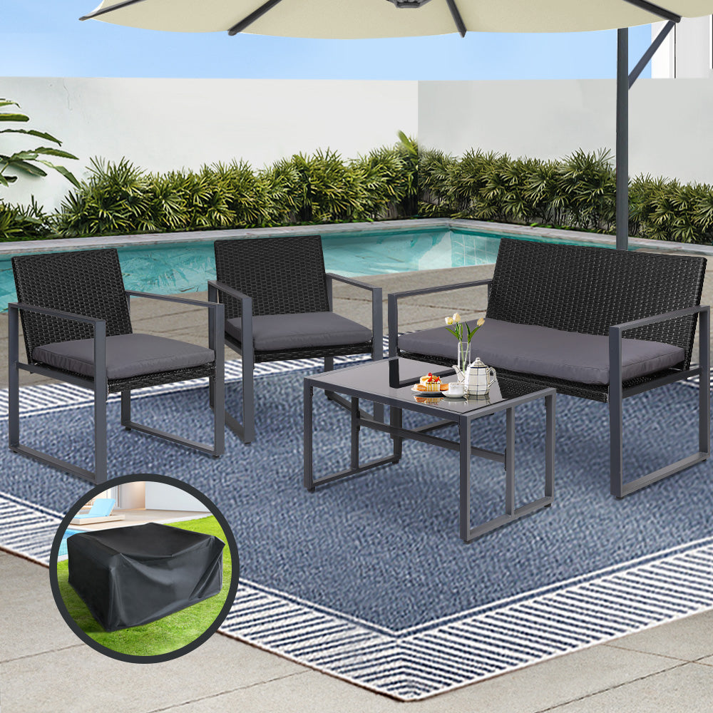 Gardeon 4 PCS Outdoor Dining Set Lounge Setting Patio Wicker Chairs Table w/Cover-7