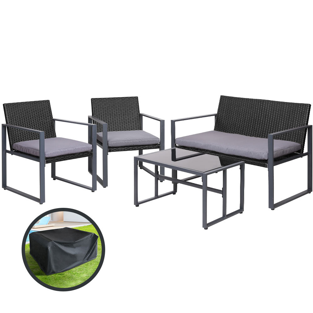 Gardeon 4 PCS Outdoor Dining Set Lounge Setting Patio Wicker Chairs Table w/Cover-0