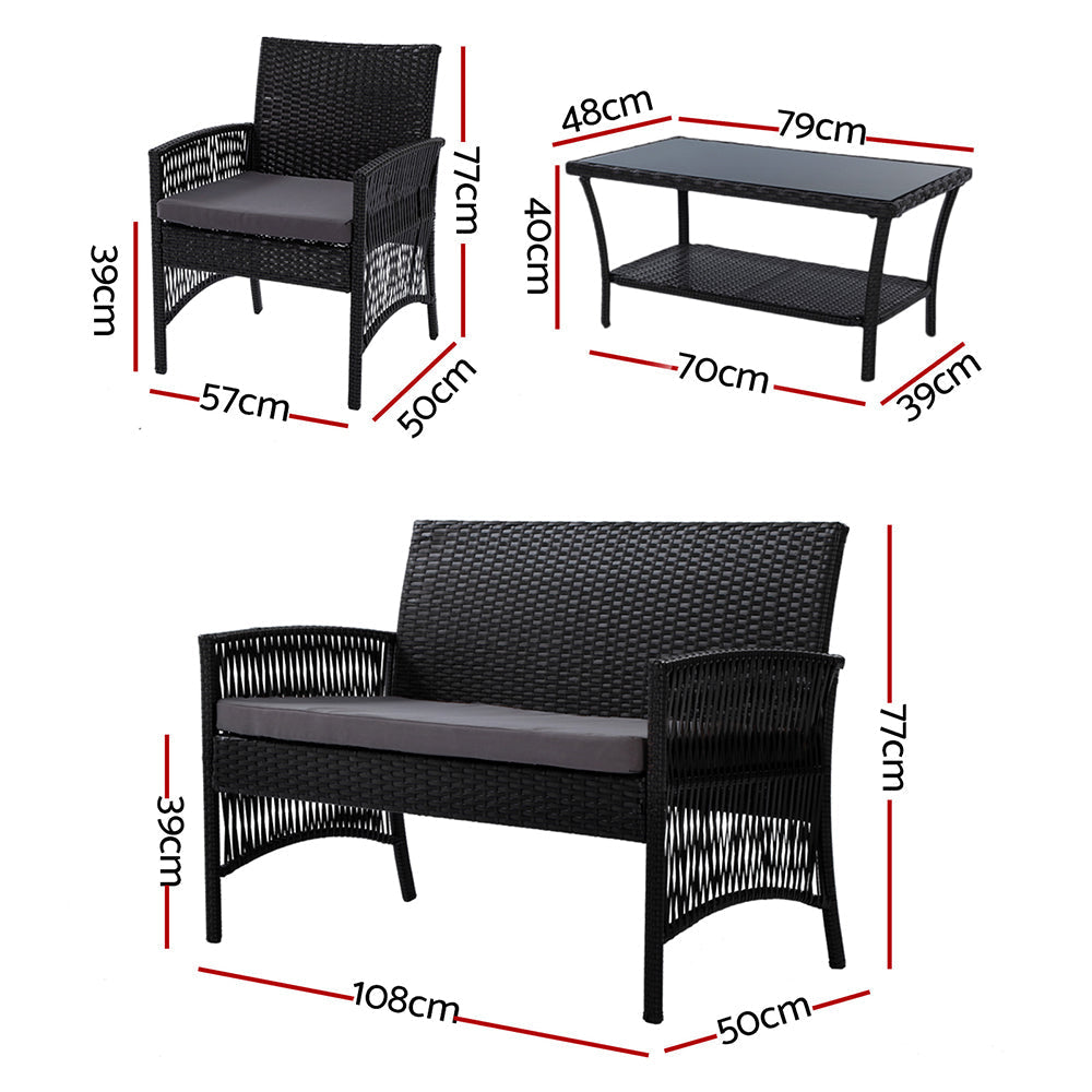 Gardeon 4 PCS Outdoor Furniture Lounge Setting Wicker Dining Set Black-1