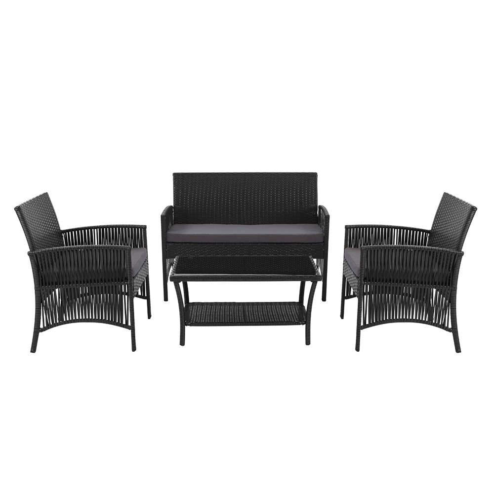 Gardeon 4 PCS Outdoor Furniture Lounge Setting Wicker Dining Set Black-2