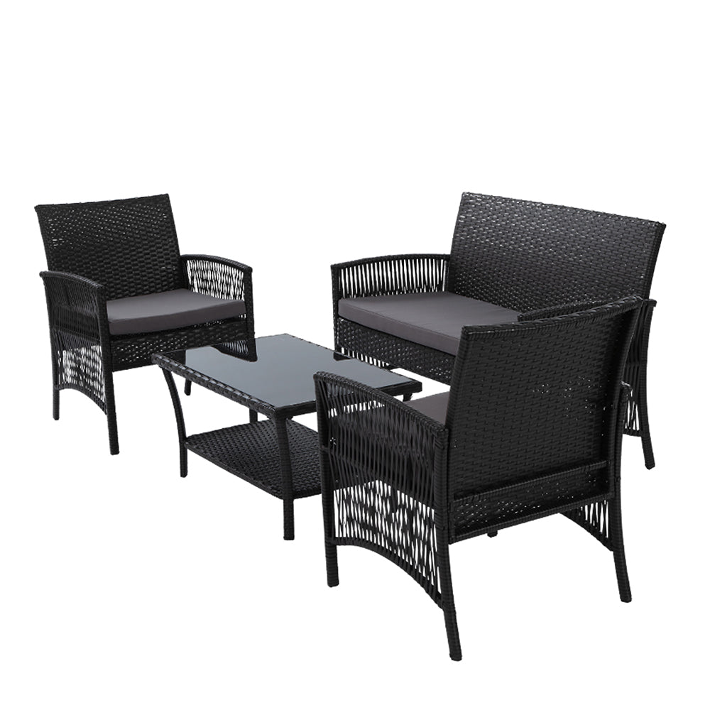 Gardeon 4 PCS Outdoor Furniture Lounge Setting Wicker Dining Set Black-3