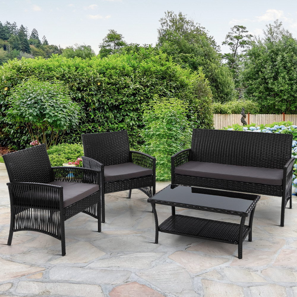 Gardeon 4 PCS Outdoor Furniture Lounge Setting Wicker Dining Set Black-7