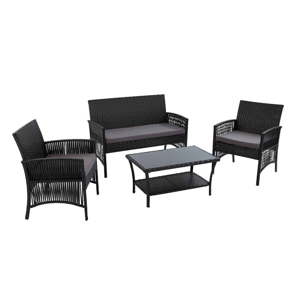 Gardeon 4 PCS Outdoor Furniture Lounge Setting Wicker Dining Set Black-0