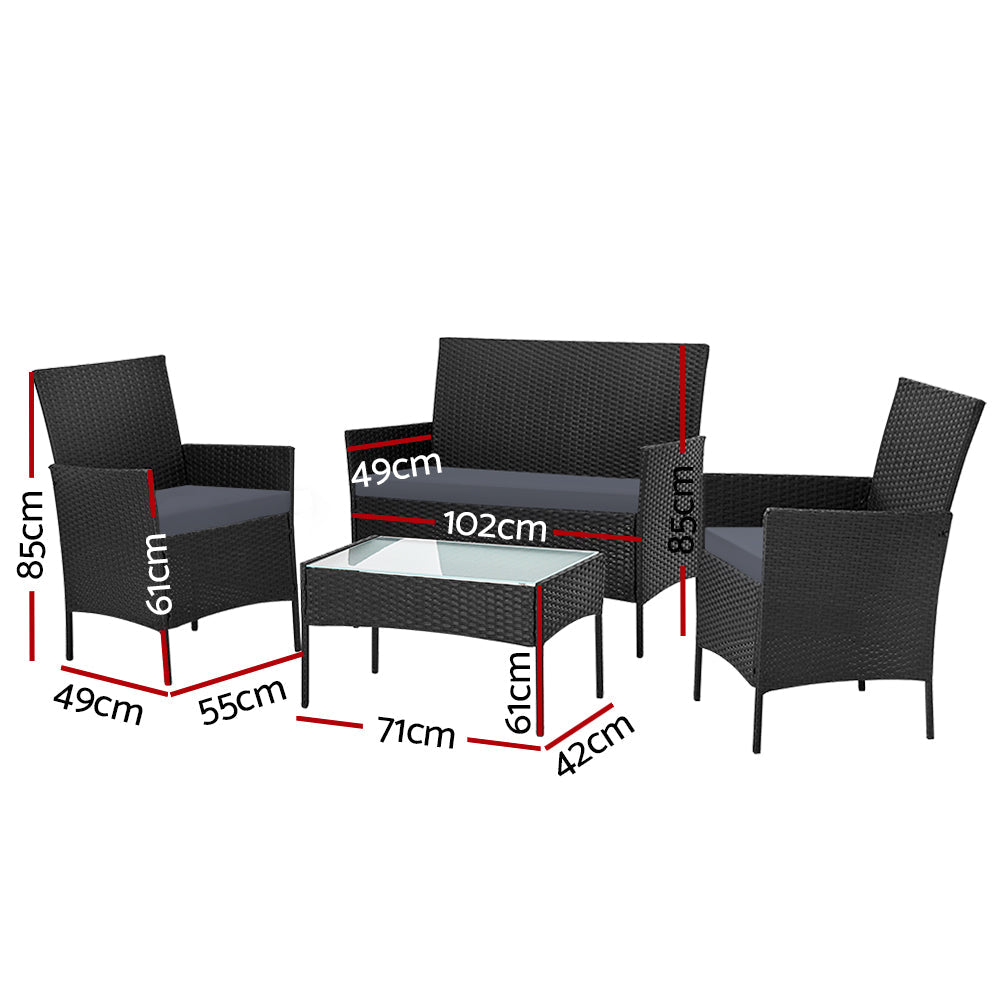 Gardeon 4-piece Outdoor Lounge Setting Wicker Patio Furniture Dining Set Black-1