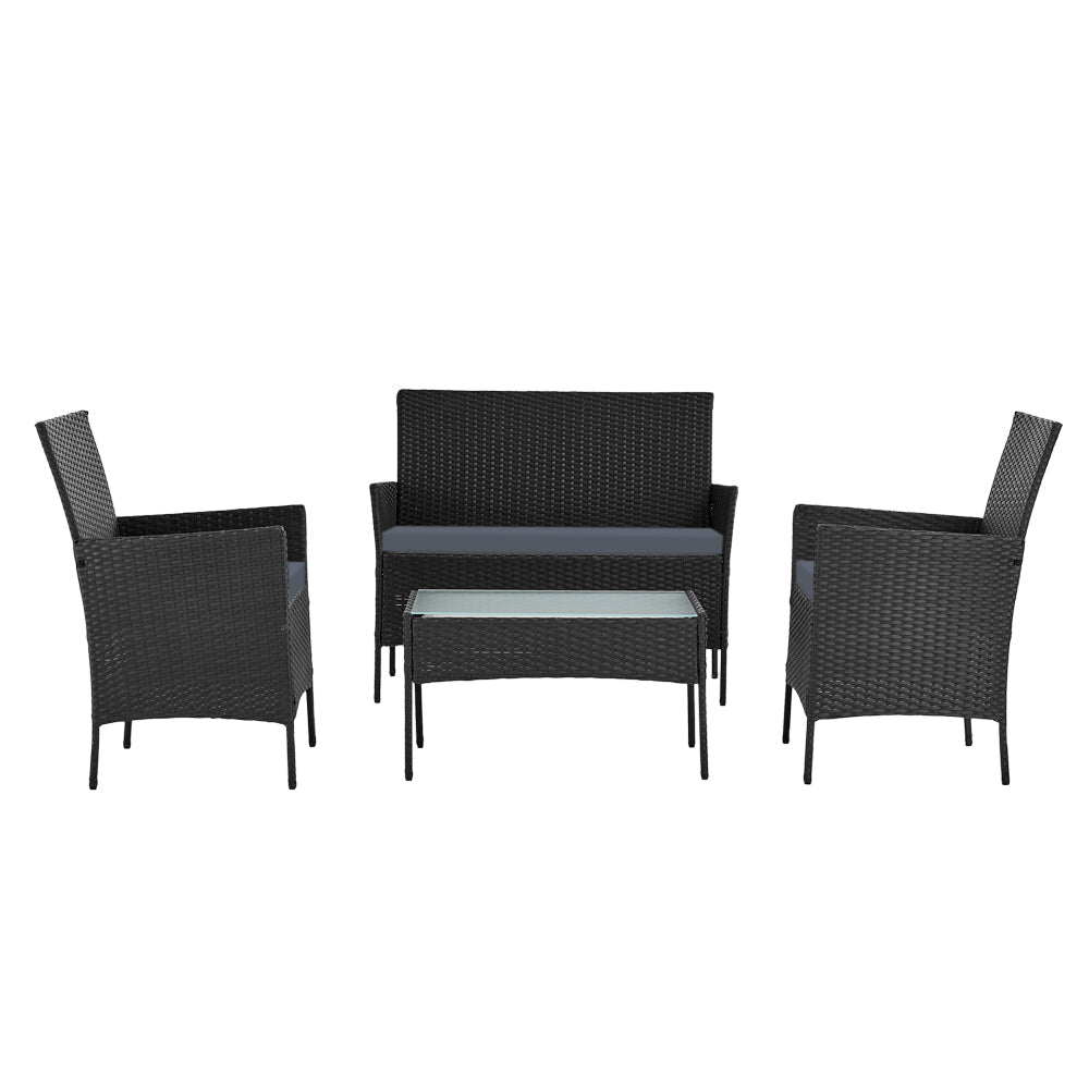 Gardeon 4-piece Outdoor Lounge Setting Wicker Patio Furniture Dining Set Black-2