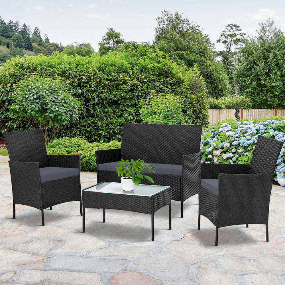 Gardeon 4-piece Outdoor Lounge Setting Wicker Patio Furniture Dining Set Black-7