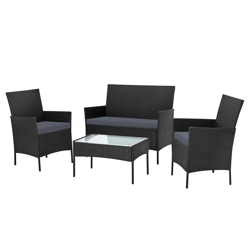 Gardeon 4-piece Outdoor Lounge Setting Wicker Patio Furniture Dining Set Black-0