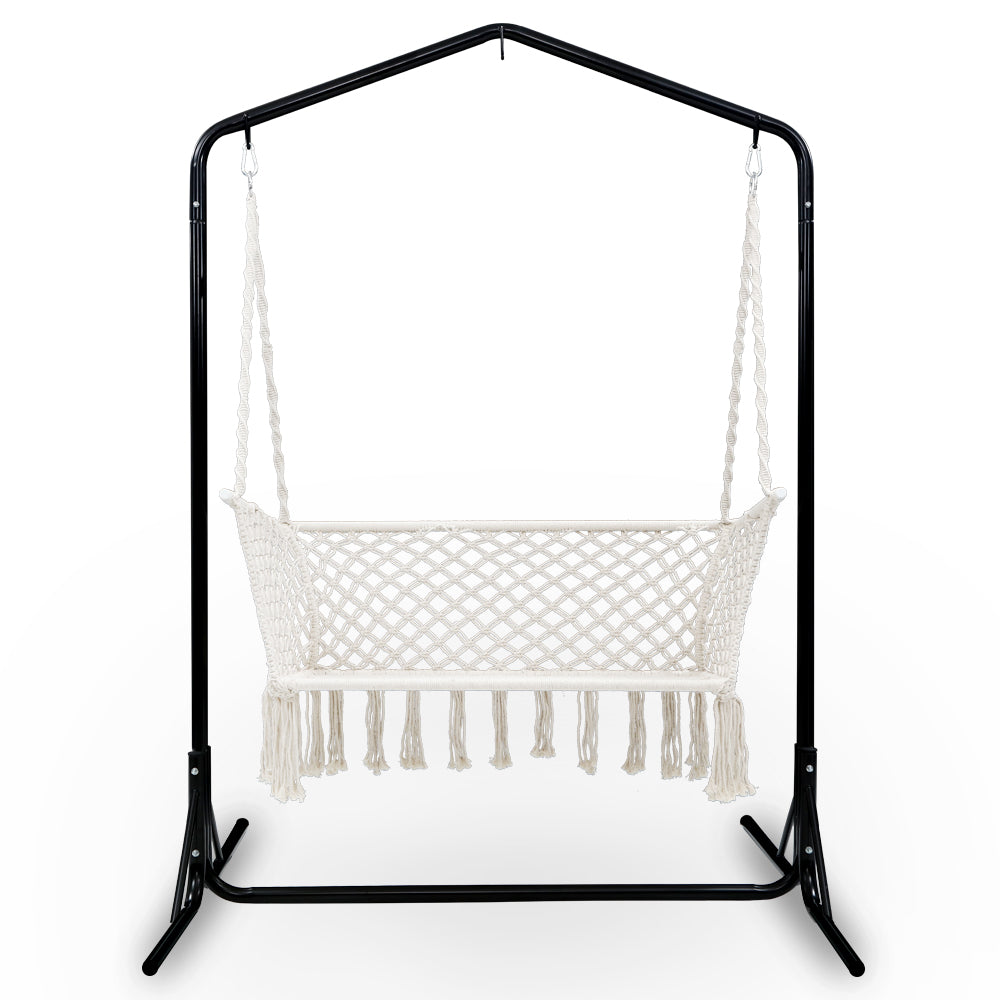 Gardeon Double Swing Hammock Chair with Stand Macrame Outdoor Bench Seat Chairs-1