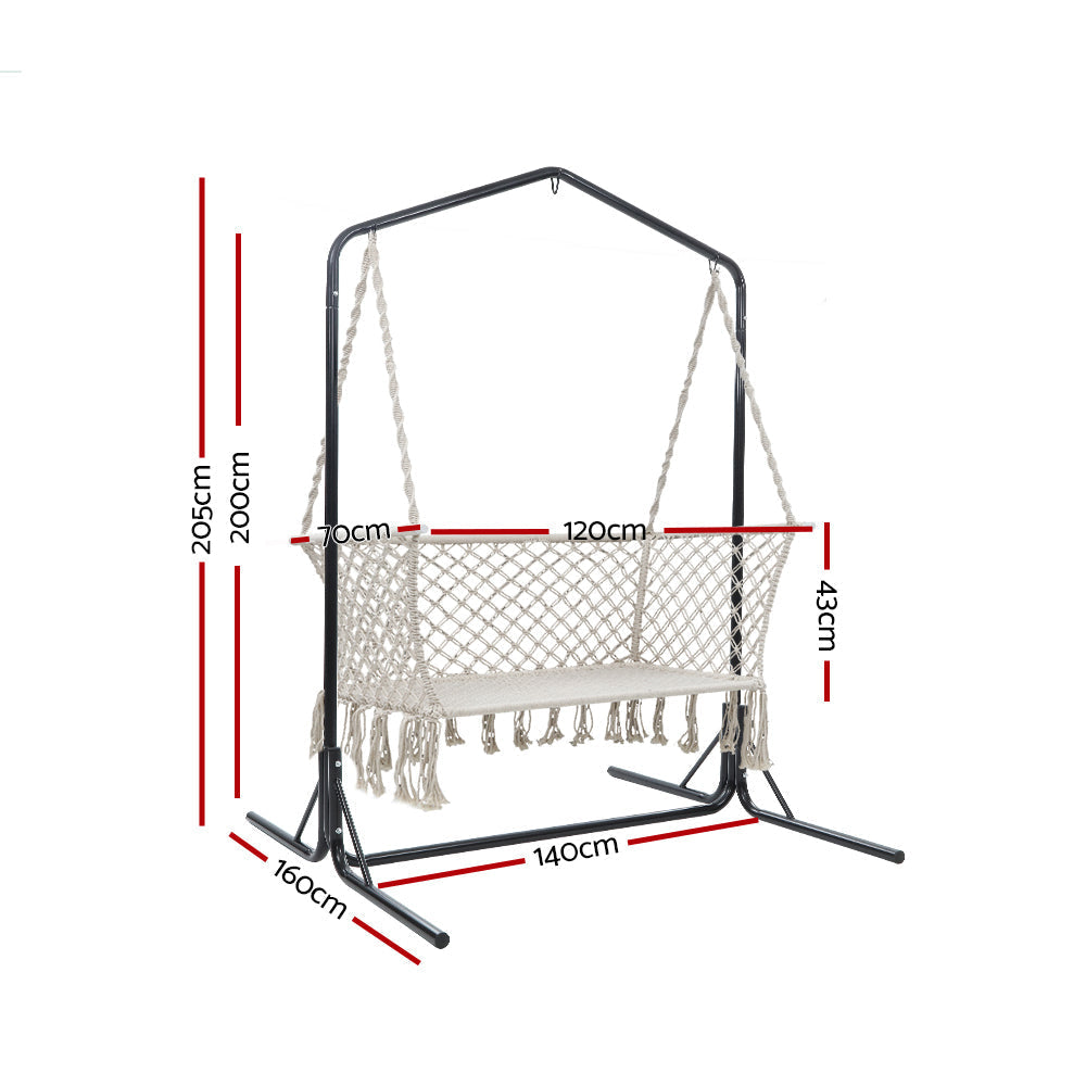 Gardeon Double Swing Hammock Chair with Stand Macrame Outdoor Bench Seat Chairs-2