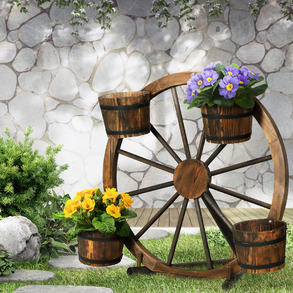 Gardeon Garden Ornaments Decor Wooden Wagon Wheel Rustic Outdoor Planter flower-7