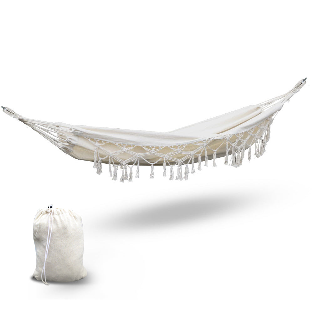 Gardeon Hanging Tassel Hammock Swing Bed Cream-0