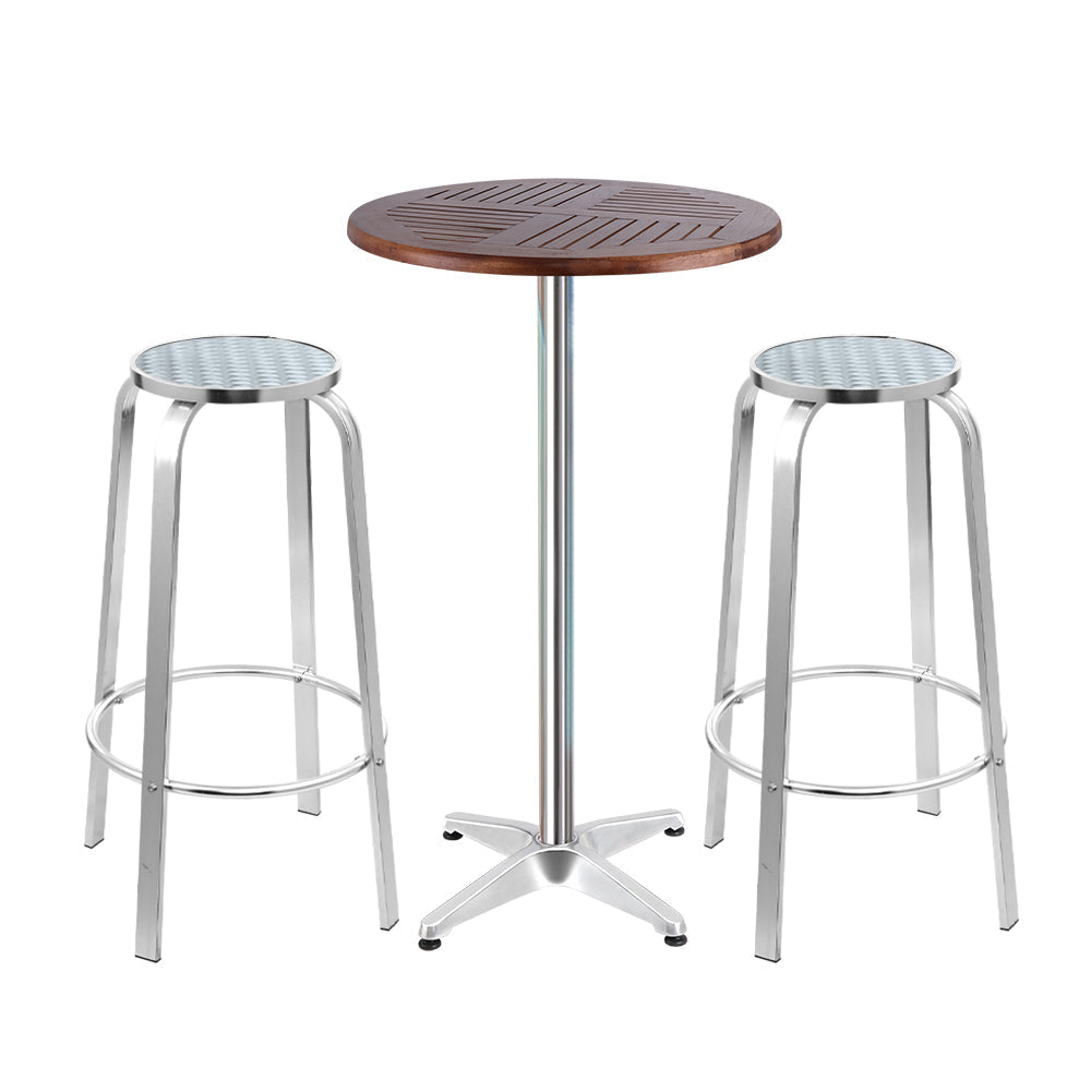 Gardeon Outdoor Bistro Set Bar Table Stools Adjustable Aluminium Cafe 3PC Wood-0