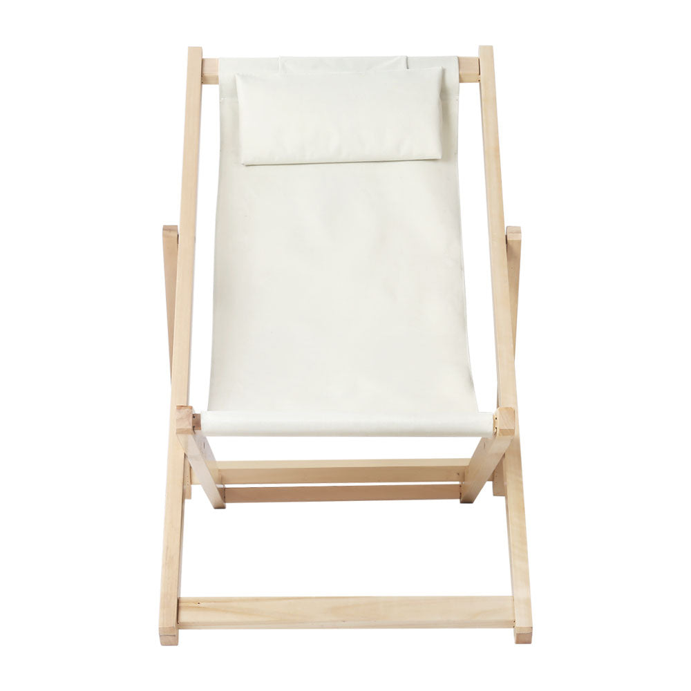 Gardeon Outdoor Chairs Sun Lounge Deck Beach Chair Folding Wooden Patio Furniture Beige-2