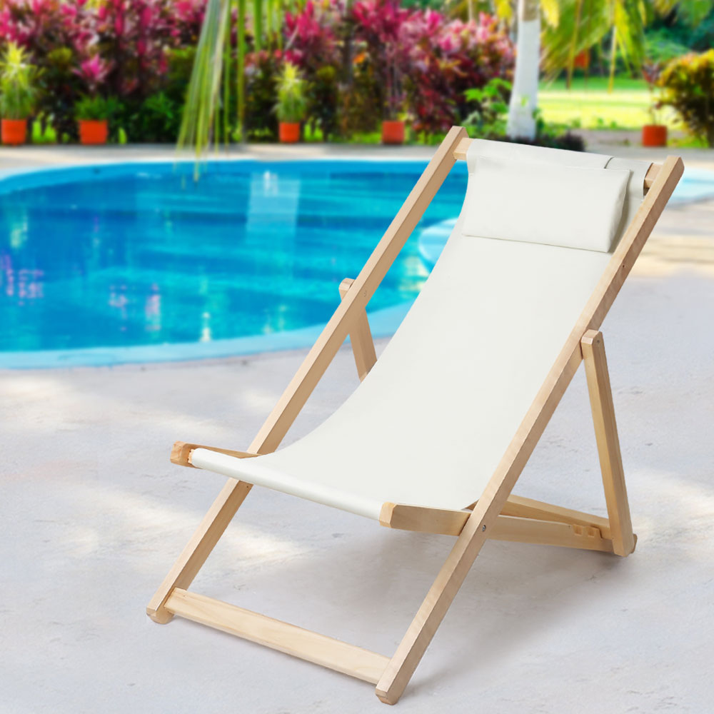 Gardeon Outdoor Chairs Sun Lounge Deck Beach Chair Folding Wooden Patio Furniture Beige-7