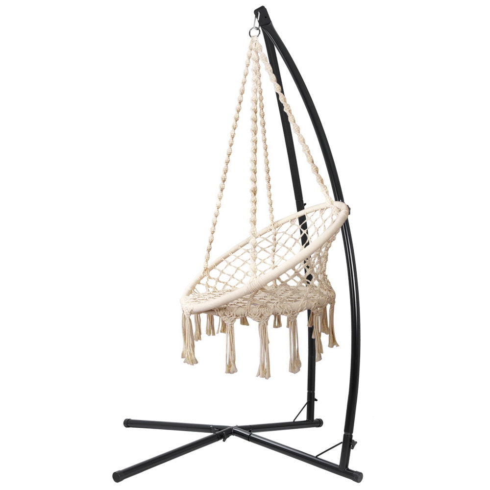 Gardeon Outdoor Hammock Chair with Steel Stand Cotton Swing Hanging 124CM Cream-2