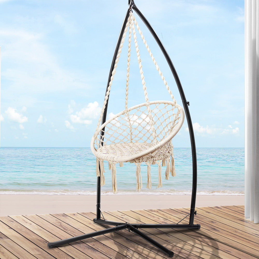 Gardeon Outdoor Hammock Chair with Steel Stand Cotton Swing Hanging 124CM Cream-7