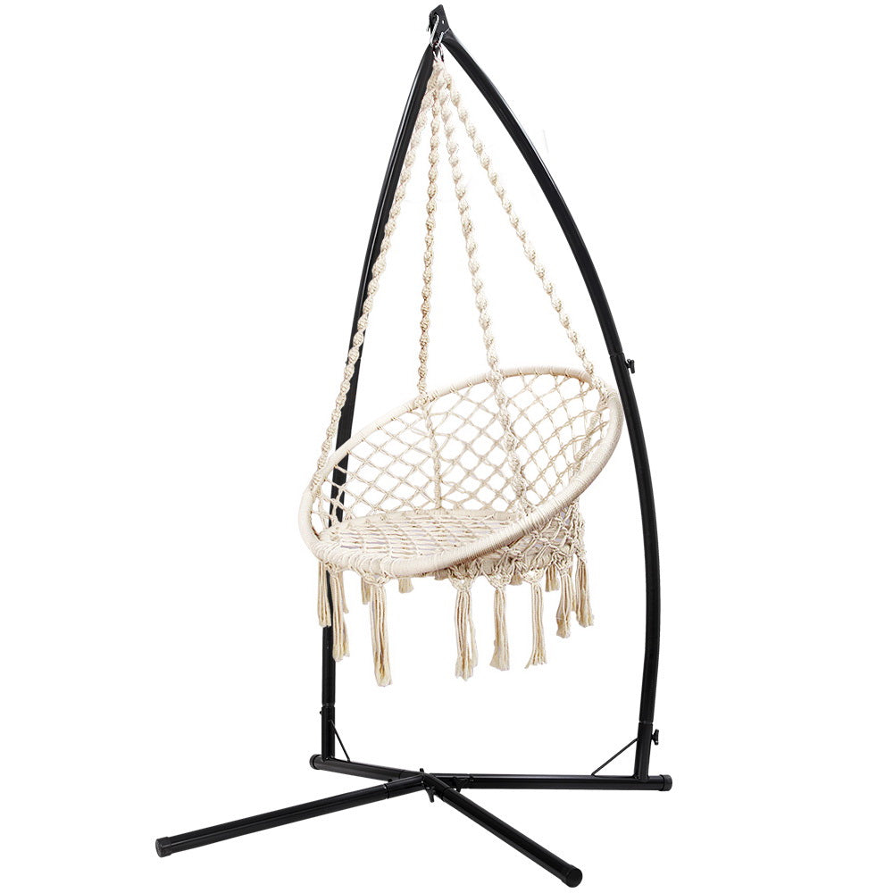 Gardeon Outdoor Hammock Chair with Steel Stand Cotton Swing Hanging 124CM Cream-0