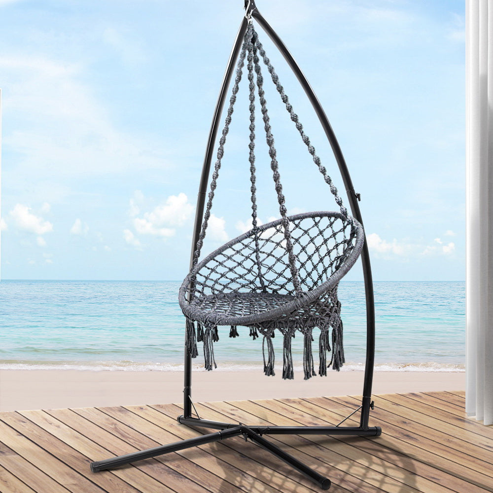 Gardeon Outdoor Hammock Chair with Steel Stand Cotton Swing Hanging 124CM Grey-7