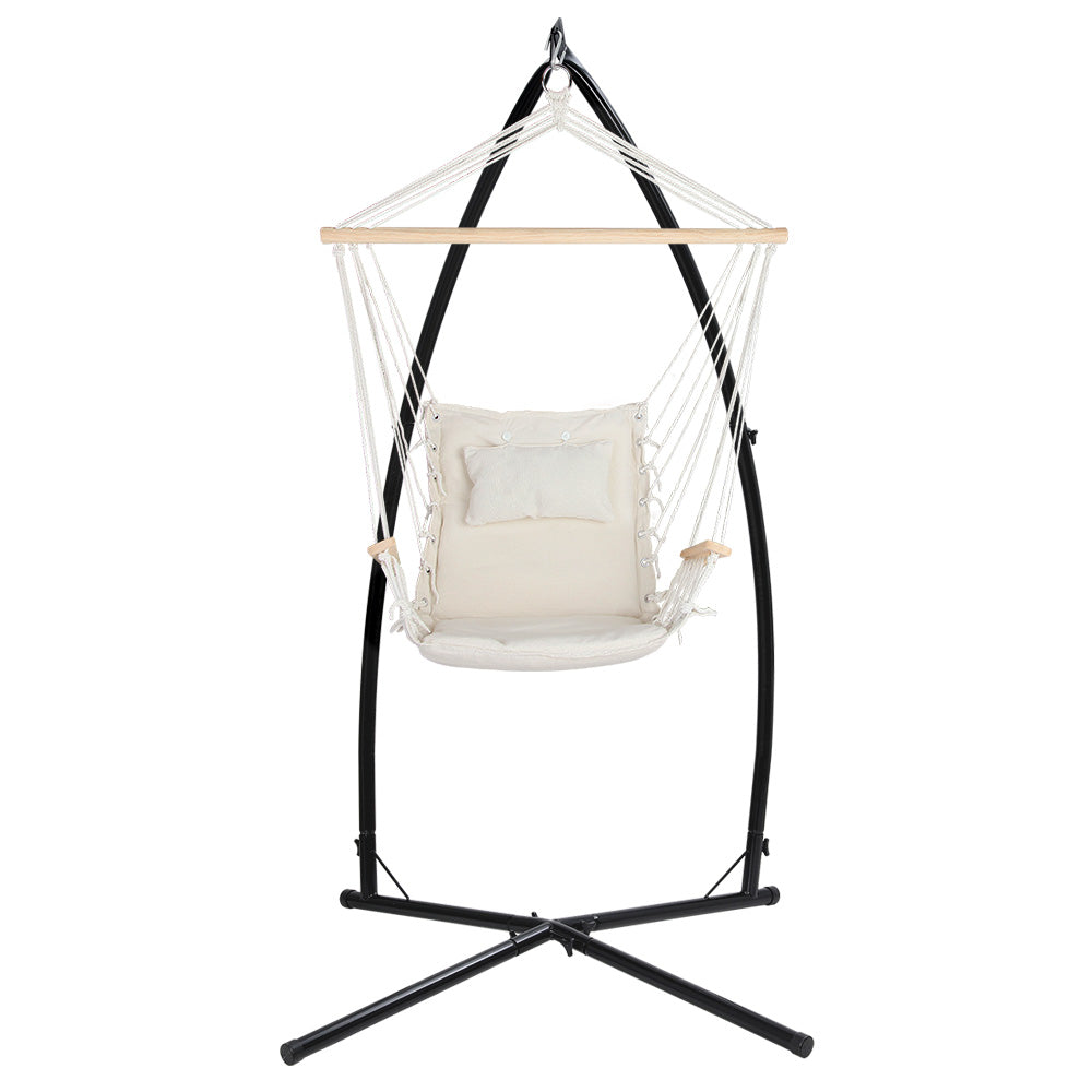 Gardeon Outdoor Hammock Chair with Steel Stand Hanging Hammock Beach Cream-1