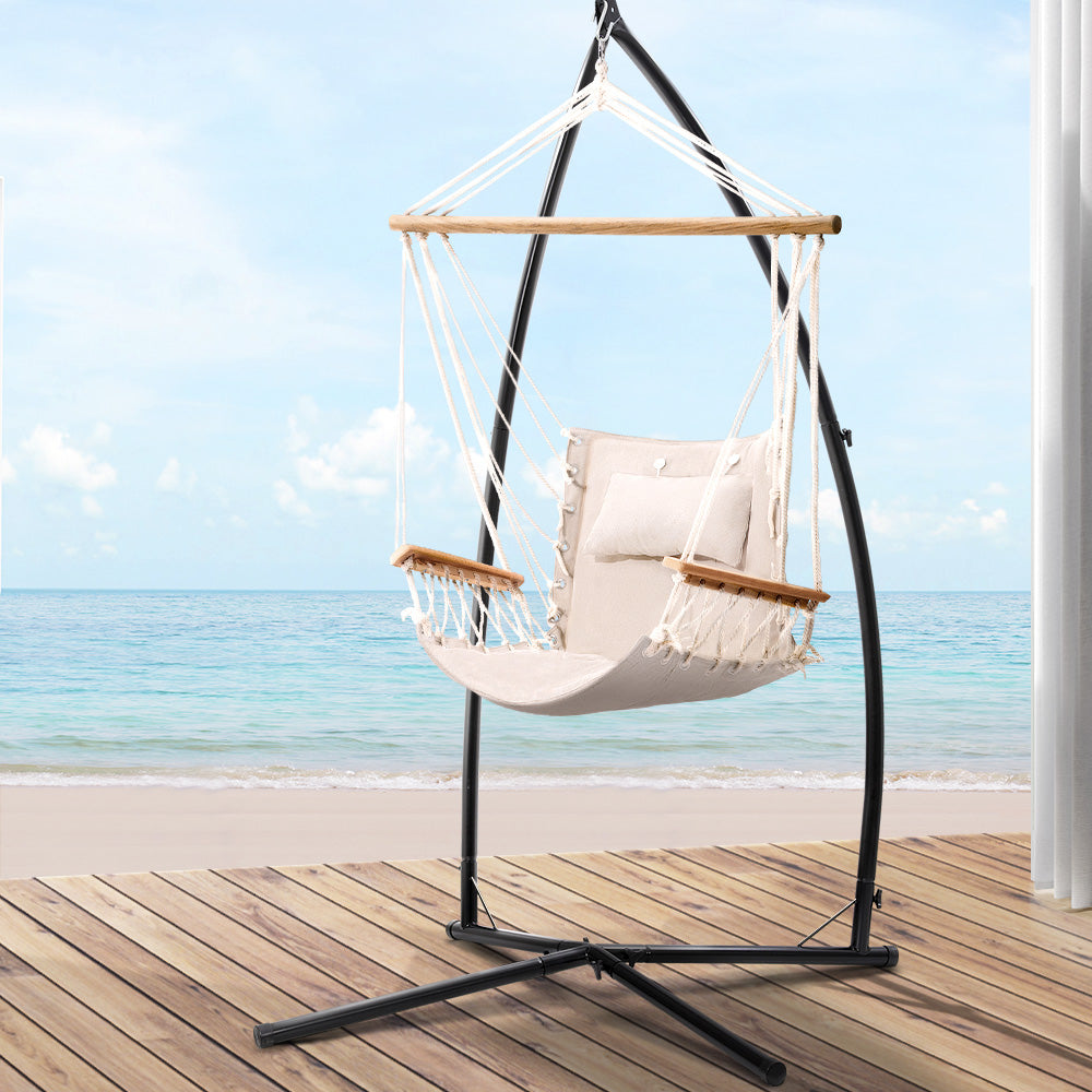 Gardeon Outdoor Hammock Chair with Steel Stand Hanging Hammock Beach Cream-6