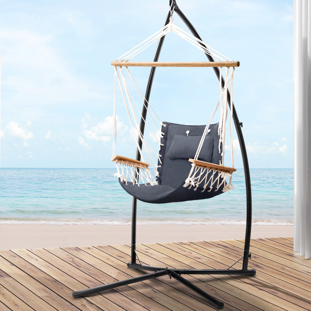 Gardeon Outdoor Hammock Chair with Steel Stand Hanging Hammock Beach Grey-7