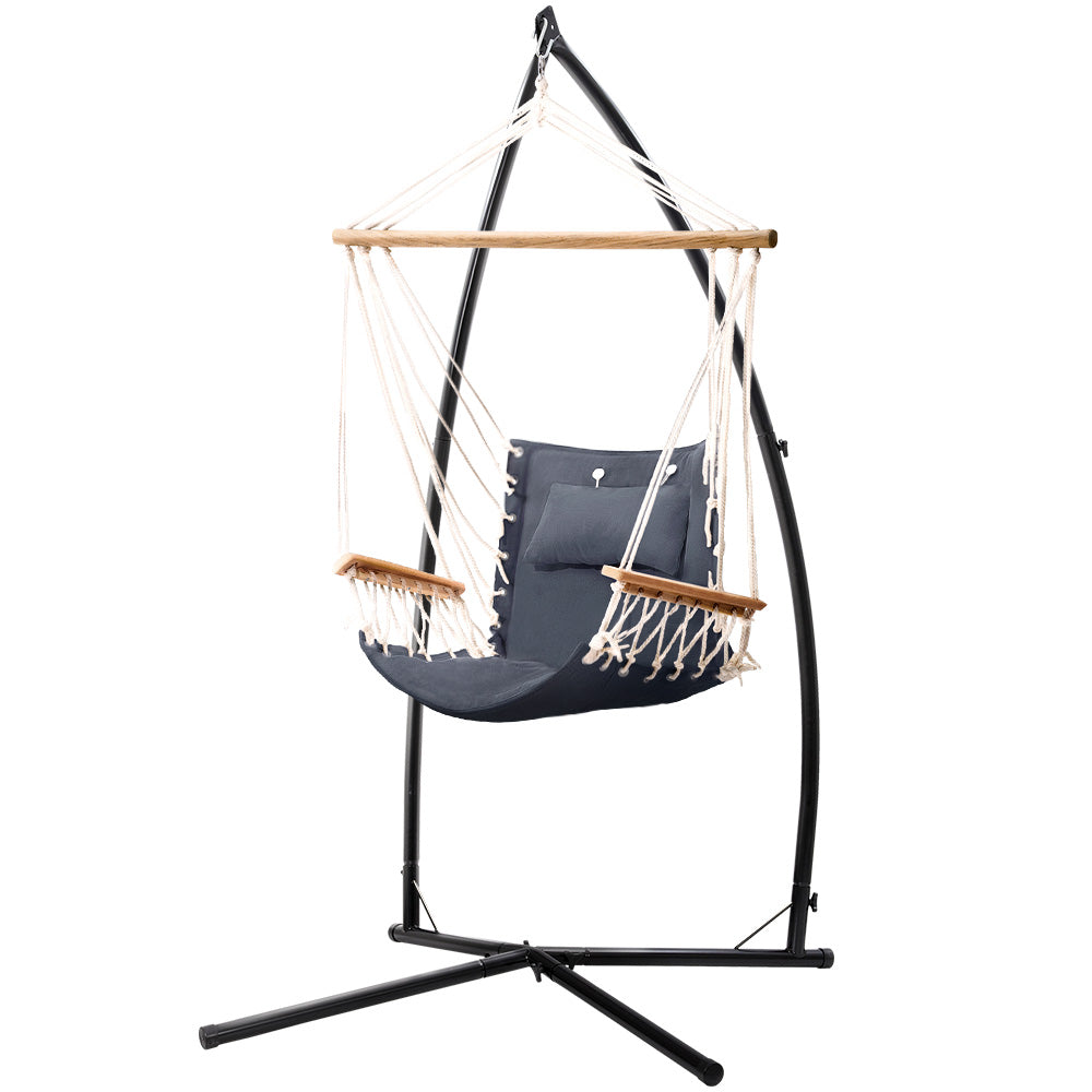 Gardeon Outdoor Hammock Chair with Steel Stand Hanging Hammock Beach Grey-0