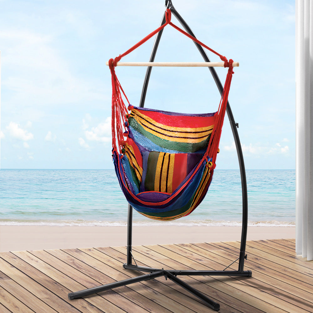 Gardeon Outdoor Hammock Chair with Steel Stand Hanging Hammock Pillow Rainbow-7