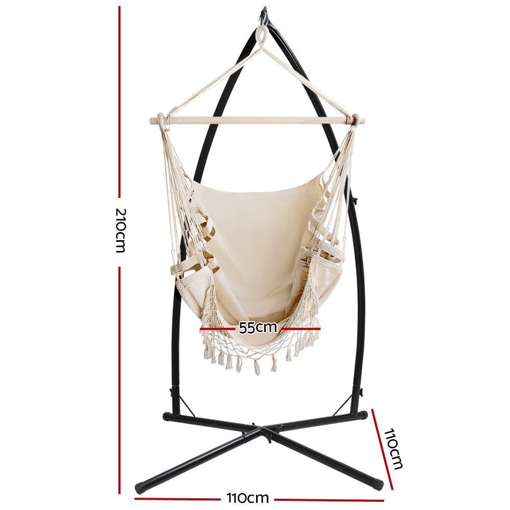 Gardeon Outdoor Hammock Chair with Steel Stand Tassel Hanging Rope Hammock Cream-1