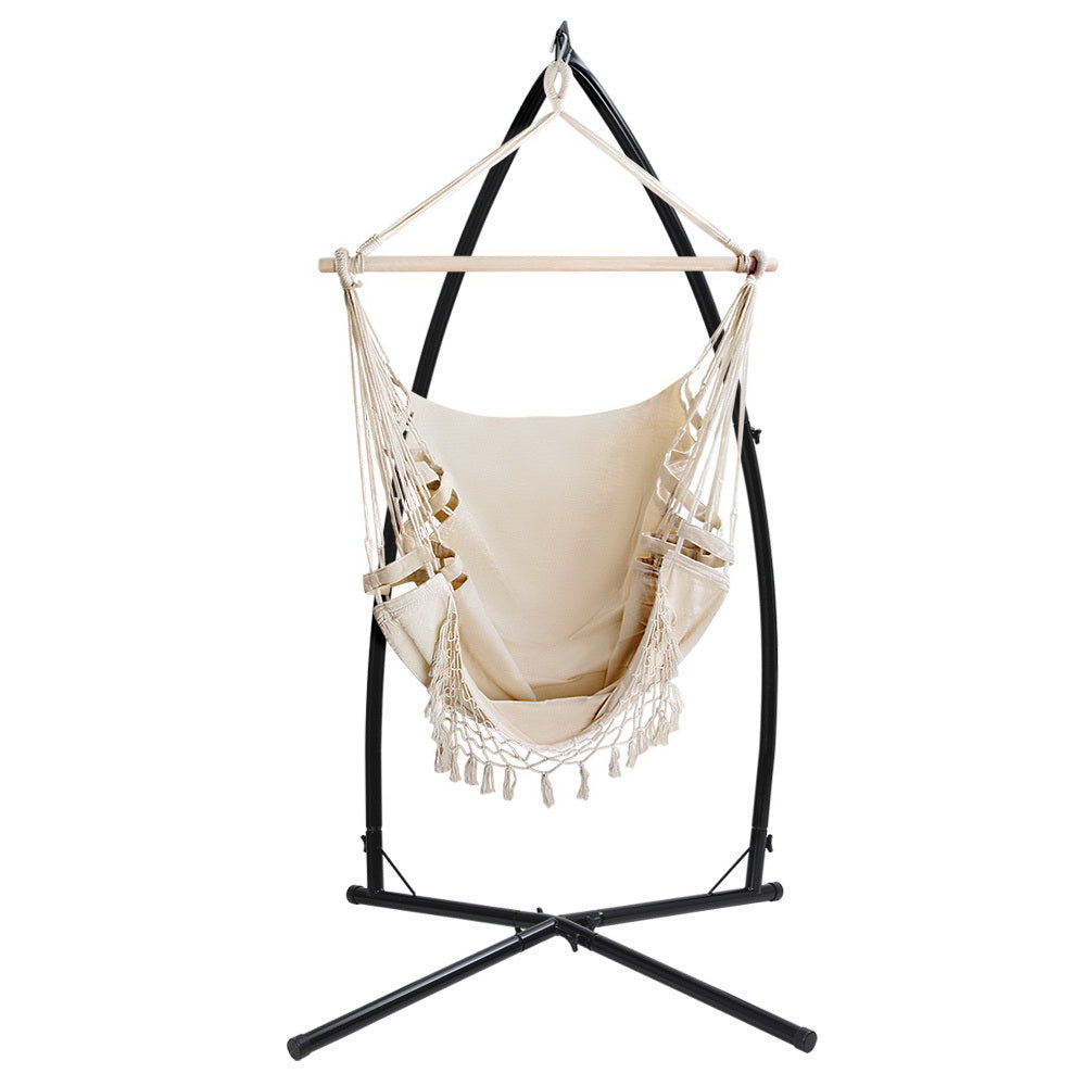 Gardeon Outdoor Hammock Chair with Steel Stand Tassel Hanging Rope Hammock Cream-2